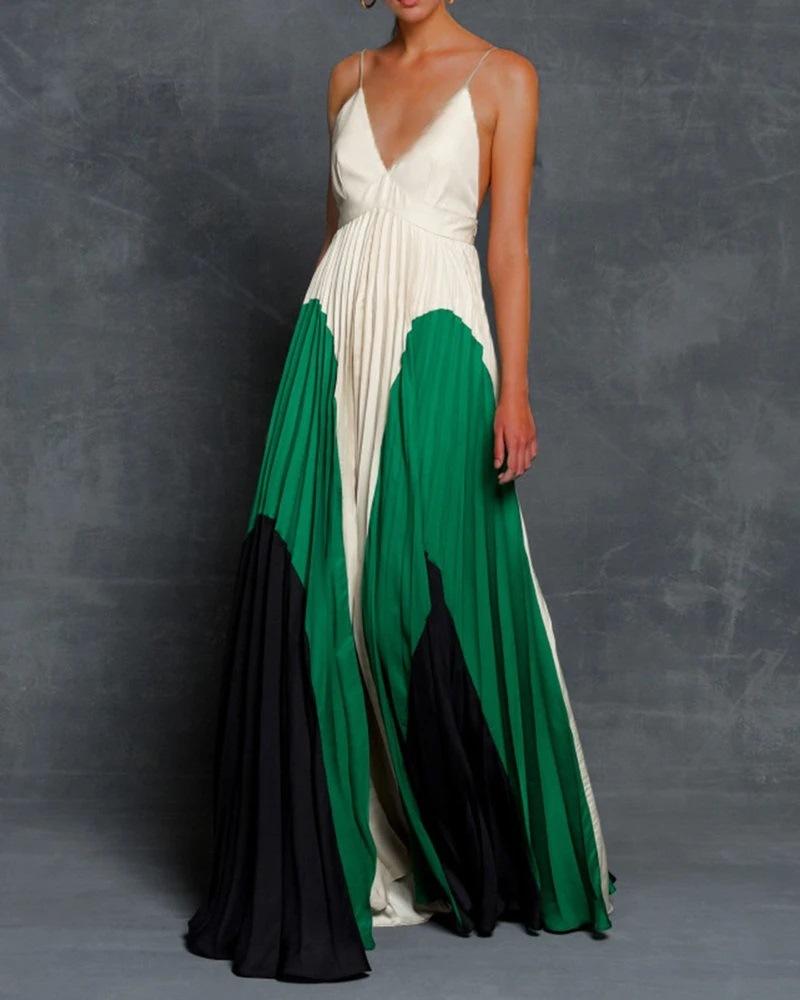 Summer European and American women's clothing wish digital printing slim and thin long color matching pleated suspender dress
