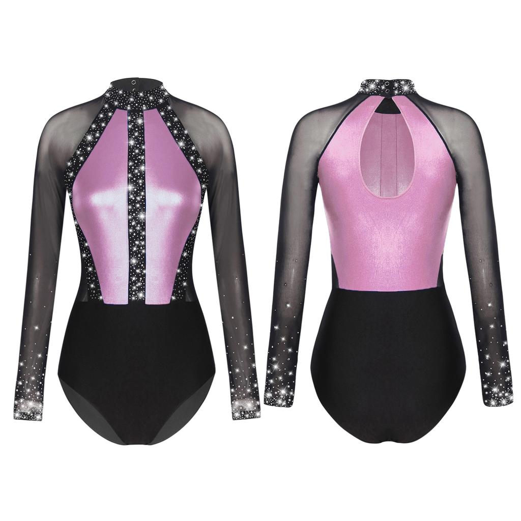 Женский сверкающий трико со стразами, прозрачное сетчатое боди с вырезом на спине и длинными рукавами для гимнастики, танцев, фигурного катания