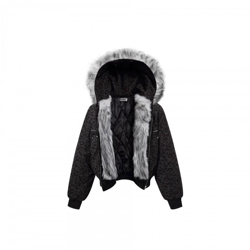 American Vintage Leopard Print Parka Hooded Zip Up Loose Fit Winter Cotton Coat Teens