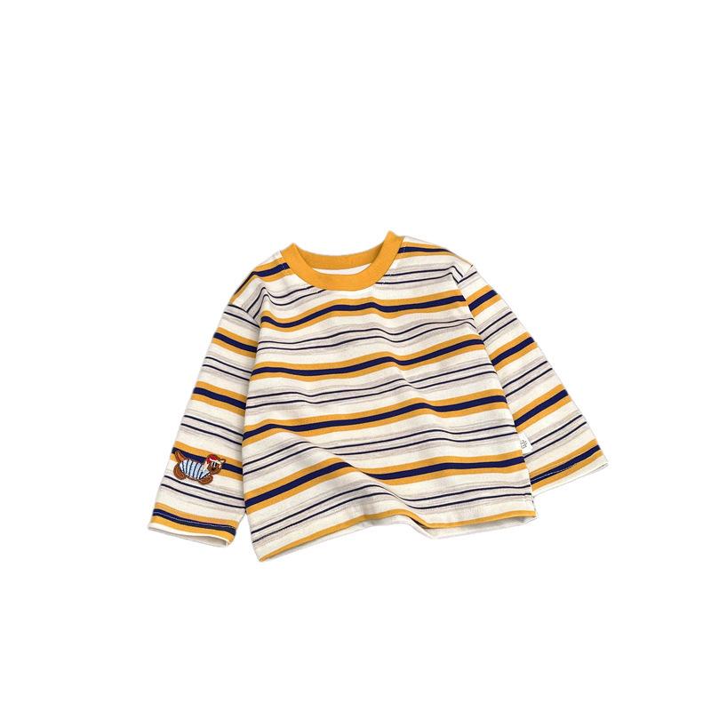 Infant Clothes Autumn Striped Puppy Embroidered Long-Sleeved T-Shirt Top Children'S Korean Loose Bottoming Shirt