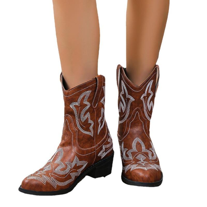 Осень и зима новые вышитые остроносые рыцарские сапоги на горячем толстом каблуке большого размера полусапоги вышитые ботинки Мартин женские