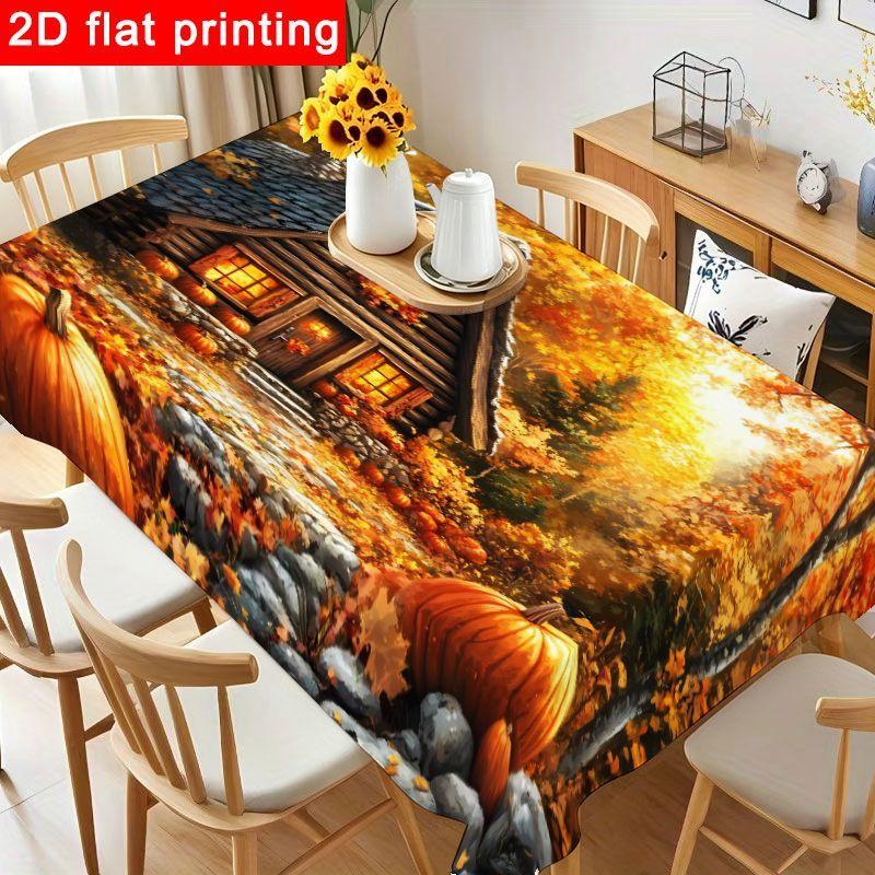 1pc Rustic Autumn Pumpkin Tablecloth - Cozy Brown with Charming Fall Pumpkin Pattern, Durable & Easy to Clean for Thanksgiving Gatherings, Harvest Par