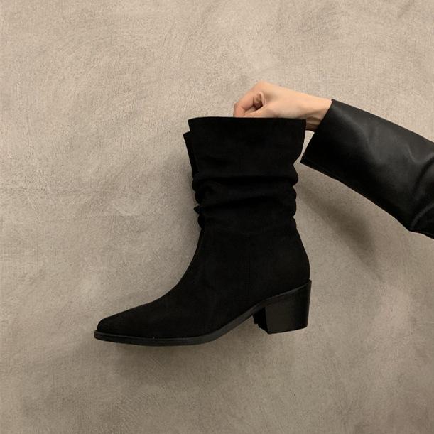 Французские замшевые коричневые тонкие короткие сапоги на высоком каблуке, женская обувь, новинка 2024 года, одинарные сапоги, наборные сапоги