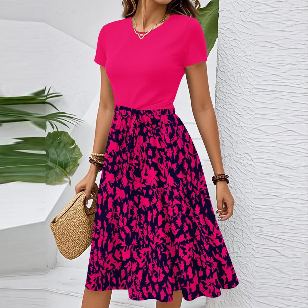 Women's Casual Fashion Belted Floral Print Short Sleeve Round Neck Elegant Dress
