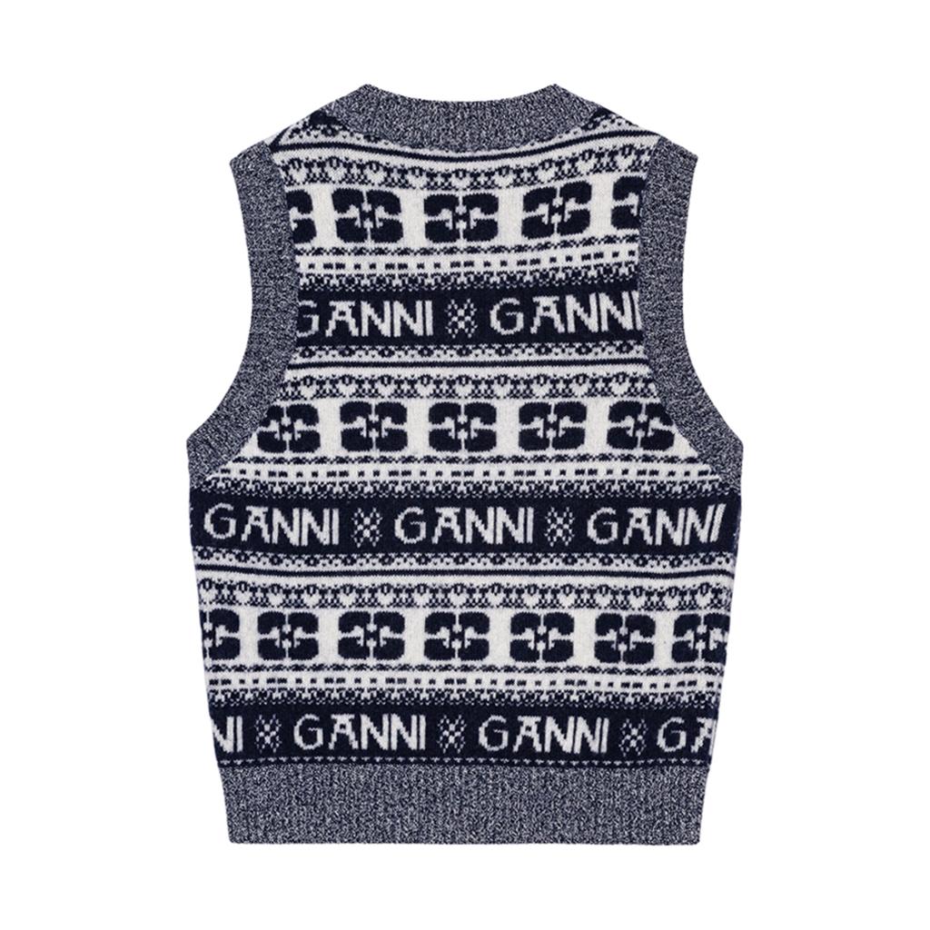 Ganni FW23 Винтажный принт с логотипом-бабочкой Удобный мягкий дышащий смесовый вязаный жилет Женский жилет Темно-синий K2092-683