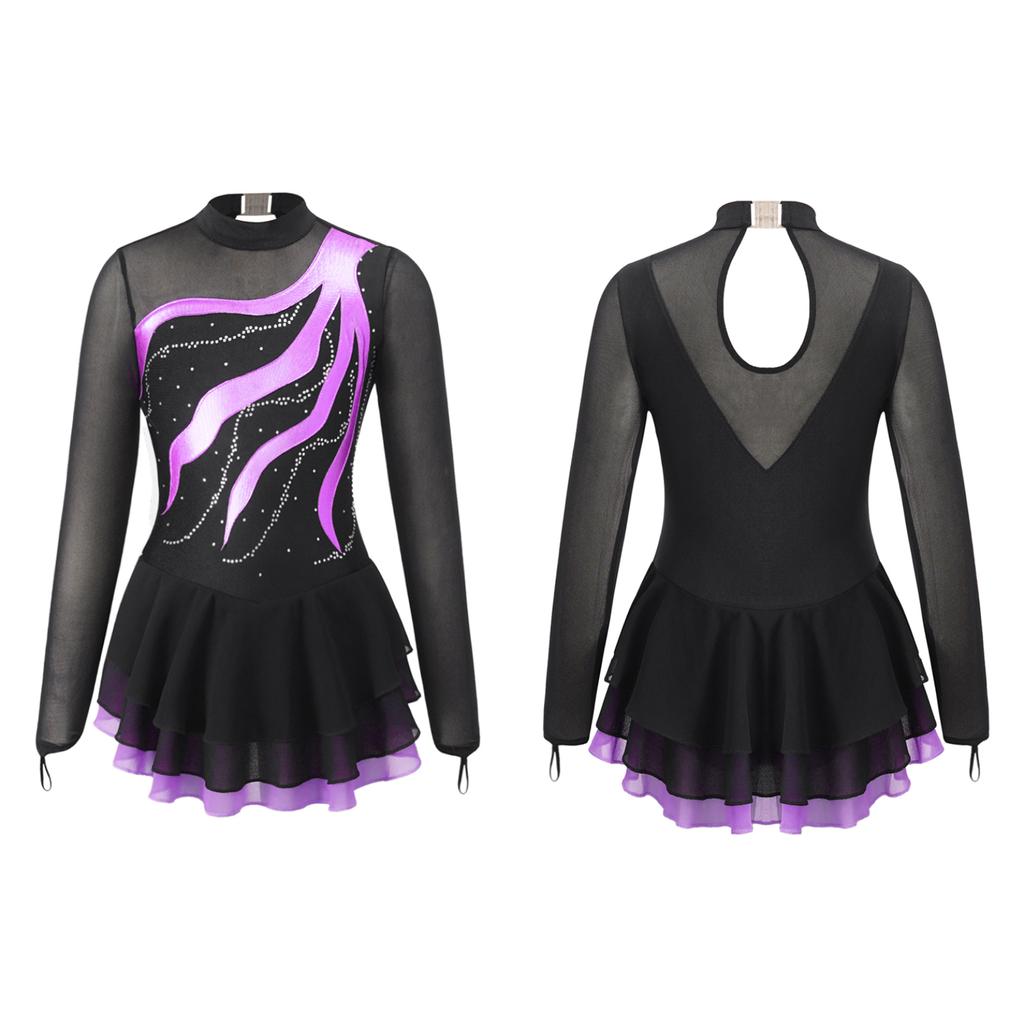 Child Girls Ballet Gymnastics Leotard Rhinestone Figure Ice Skating Dress Ballroom Dance Costume Training Performance Clothing