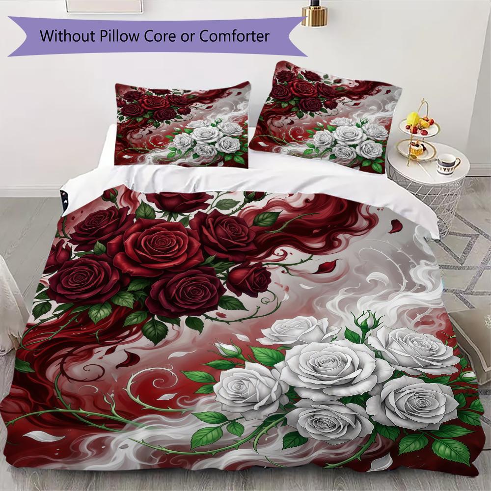 Classic White Rose Pattern Bedding uilt Set uilt Cover Pillowcase Home Decoration Birthday Gift (1 * duvet cover + 2 * pillowcase without core)