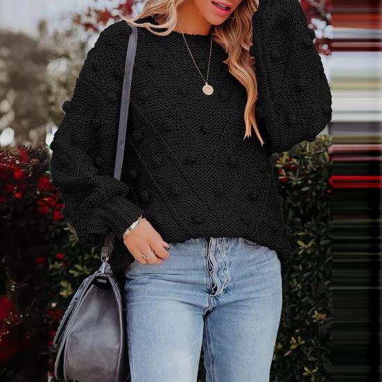 Women Sweater Tops Round Neck Long Sleeve Jacquard Decor Knitted Tops Solid Color Loose Fit Jumper