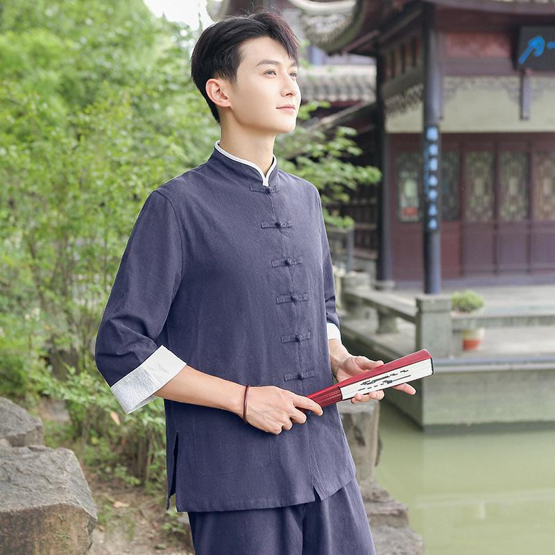 Мужская льняная рубашка в китайском стиле: Костюм Тан Весна, Лето, Осень