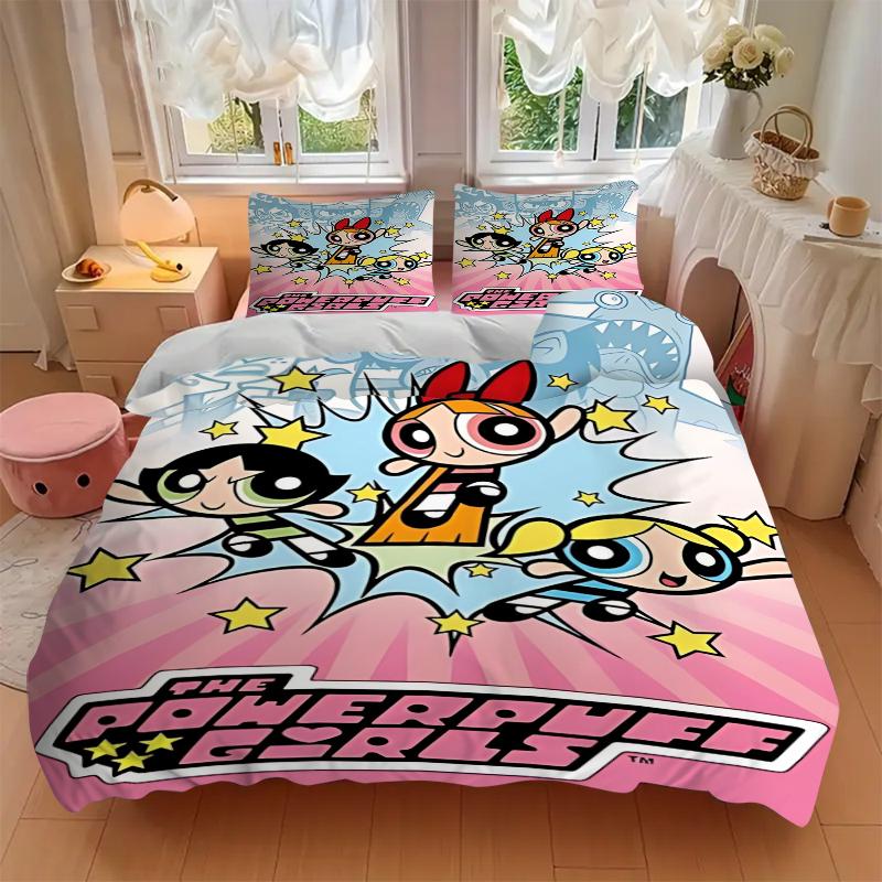 3Pcs Powerpuff Girls Adventure Bedding Set Soft Fabric Duvet Cover Pillowcases Home Christmas Xmas Halloween Gift 1 Duvet Cover 2 Pillowcase G1156