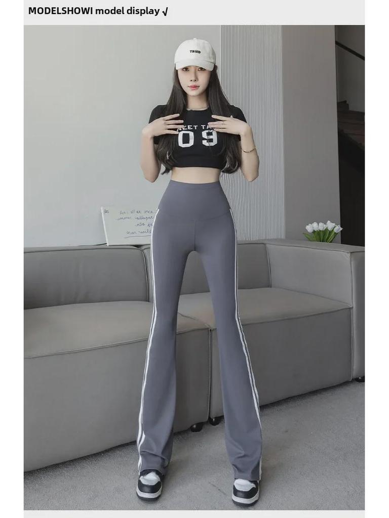 Women's High-Waist Shark Flared Pants with Side Stripes - Slim Fit Barbie Trousers for Spring Outerwear