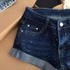 Женские темно-синие джинсовые шорты-hotpants с блестками, на низкой талии, А-силуэта, облегающие
