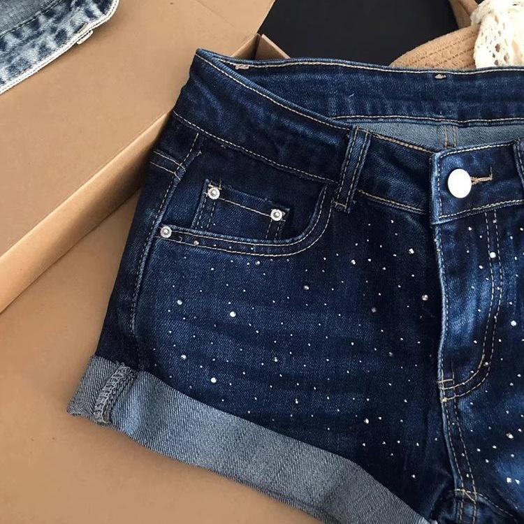 Женские темно-синие джинсовые шорты-hotpants с блестками, на низкой талии, А-силуэта, облегающие
