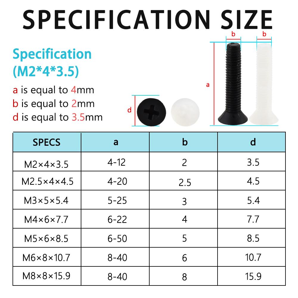 Крестообразный нейлоновый винт с плоской головкой и метрической резьбой Пластиковые винты с потайной головкой Болт Черный Белый M2 M2.5 M3 M4 M5 M6 M8