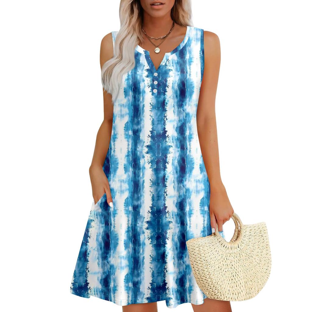 Женские летние платья Свободные сарафаны без рукавов с V-образным вырезом Платье с карманами