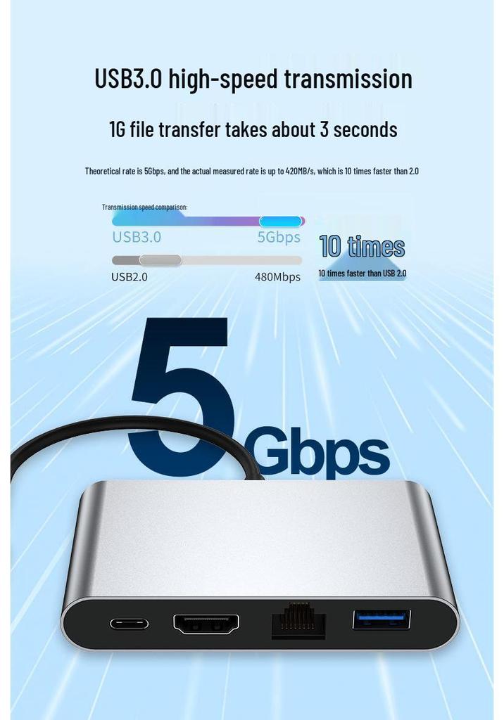 Универсальная док-станция 4-в-1 USB-C для ноутбука/iPad Apple с HD-конвертером, USB 3.0 и сетью 100 Мбит/с