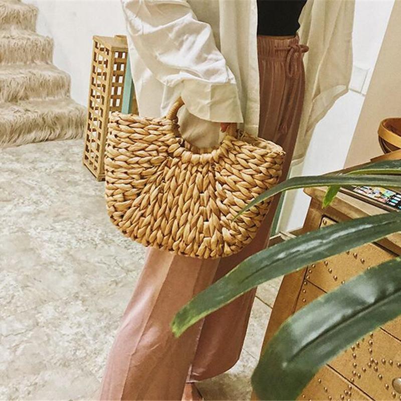 Yogodlns Simple Straw Handbag for Girls Summer Beach Travel Hand Bag Half Moon Hand Woven Rattan Handbags Round Handle Bags