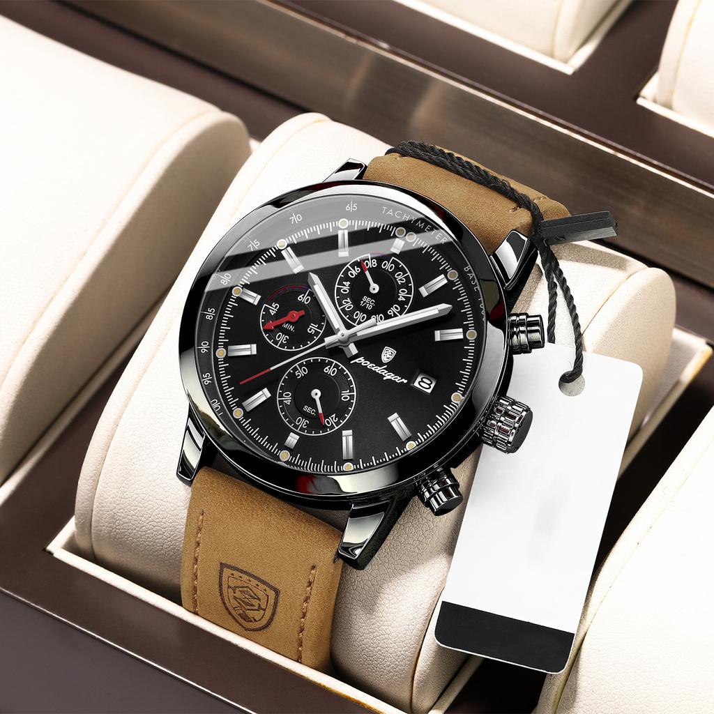 Новые мужские часы POEDAGAR Brand Luxury Leather Strap Водонепроницаемые спортивные кварцевые часы с хронографом, военные часы для мужчин