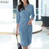 Women Casual Round Neck Solid Color 3/4 Sleeve Sheath Dress