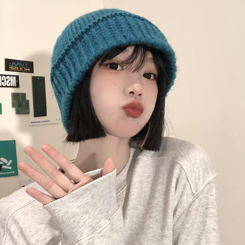 Hat for Women Fisherman Knitted Wool Hat In Autumn and Winter Versatile Big Head Circumference Blue Loose Trendy Korean Style Face Small