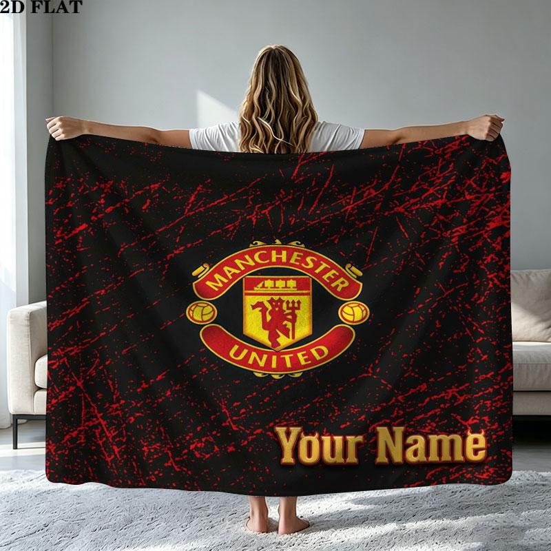 1 шт. Фланелевое одеяло с узором и возможностью кастомизации имени Manchester United F. Подходит для всех сезонов. Для домашнего декора. Тепло и уют. Подарки. Праздничный подарок.