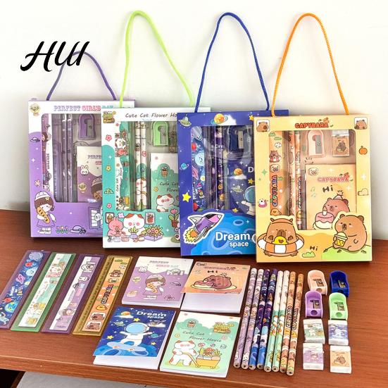 School Supplies Gift Set 6Pcs Cute Stationery Portable Box Kawaii Eraser Pencil Sharpener Cartoon Capybara Panda Design Complete Kids Students