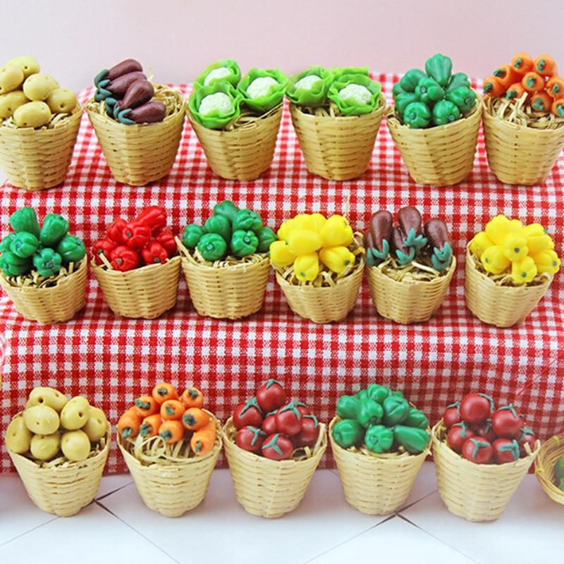 1:12 Mini Simulation Artificial Fruits and Vegetables Doll House Vegetable Bamboo Basket Miniature Accessories for Children