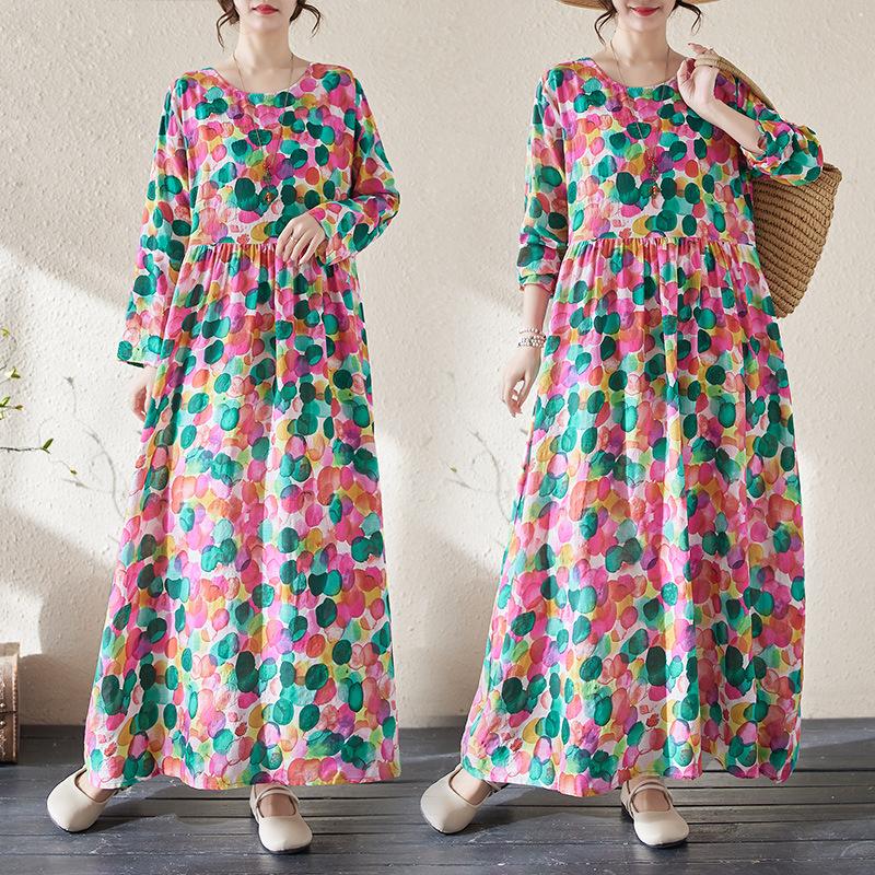 Весна Осень Цветочный Принт Круглый Вырез Ретро Свободное Длинное Платье Длинный Рукав Хлопок Льняное Платье Женская Одежда