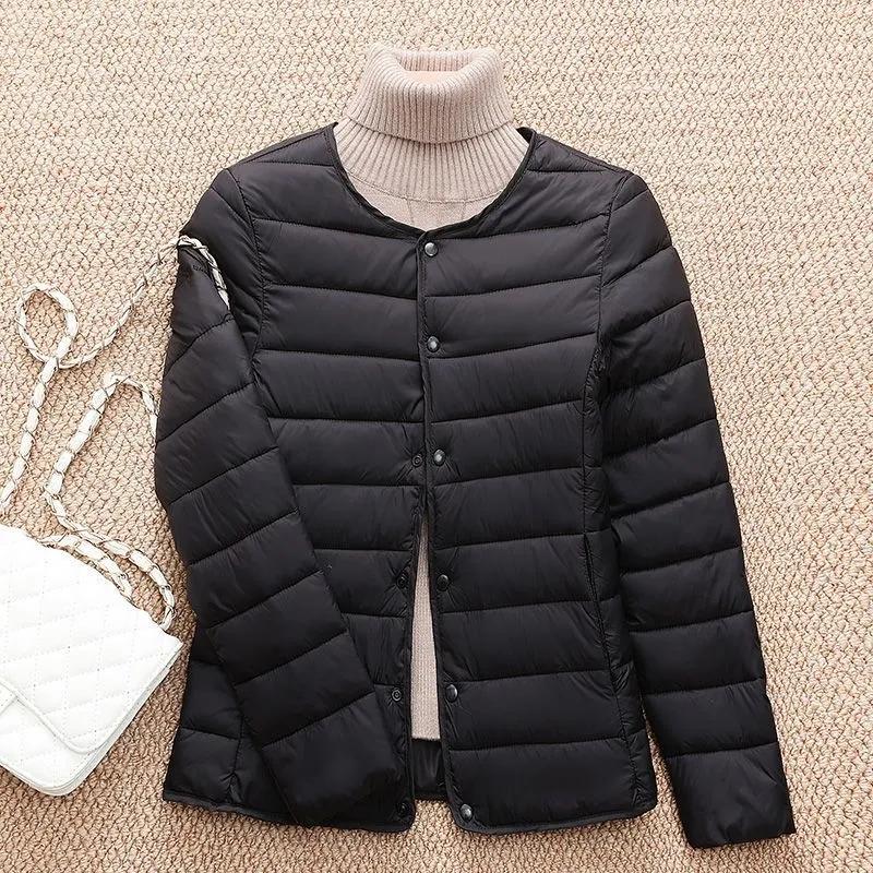 Autumn Winter Women Lightweight Cotton Jacket Liner Warm Down Jackets Collarless Portable Female Padded Parkas Round Neck Puffer Overcoat