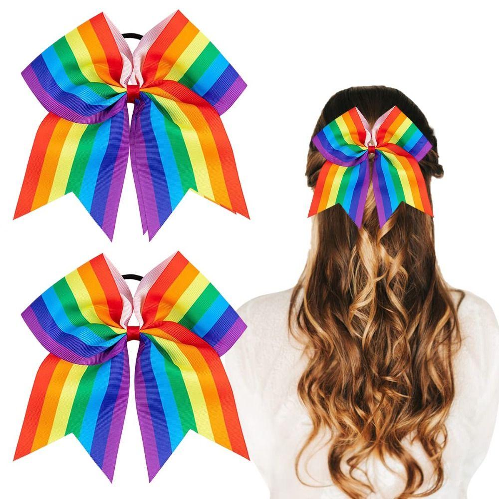 Jumbo Large Rainbow Hair Bow Ties Not Harm Ponytail Pigtails Holders Rainbow Hair Clips Holiday