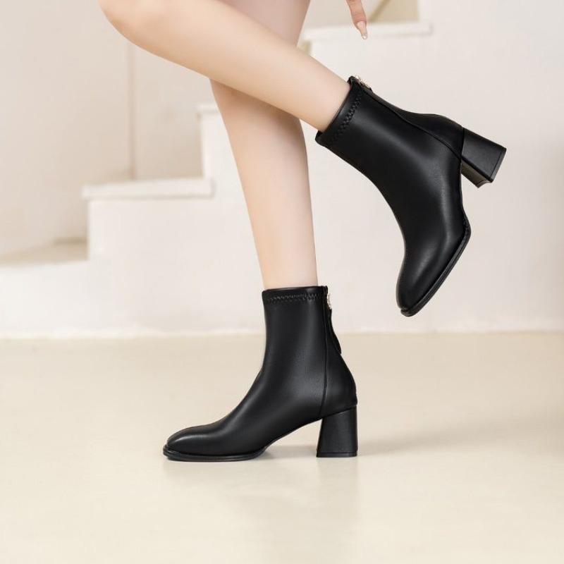 Block Heel Booties Women's New Autumn and Winter Plus Fleece Square Toe French High Heel Skinny Boots