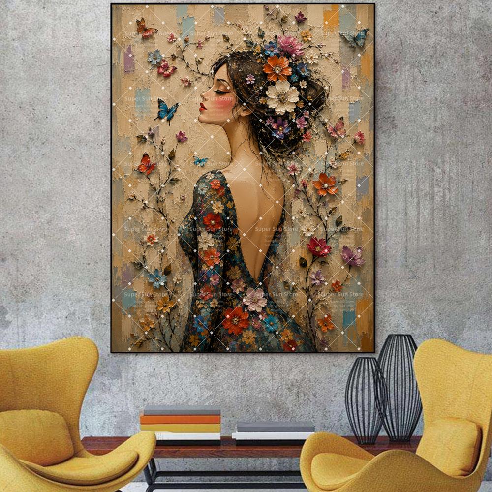Mosaic Abstract Floral Woman Canvas Painting Wall Art Boho Woman With Flower Print Botanical Lady Tree Of Life Poster Home Deco