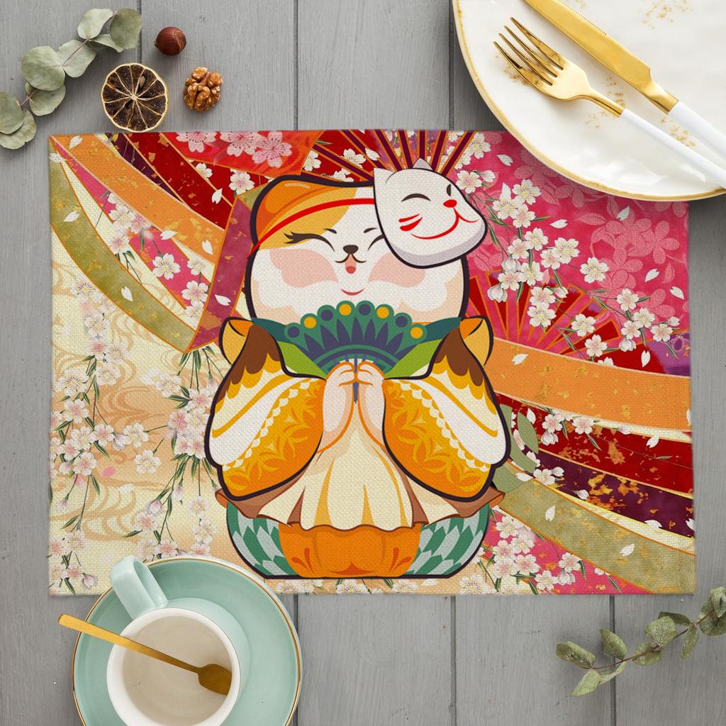 Японский счастливый кот Коврик для стола MaNeKiNeKo Декор для кухни Льняные коврики для обеденного стола Подставка под чашку/стакан Коврик под миску/кофейную чашку Скатерть 45X30см