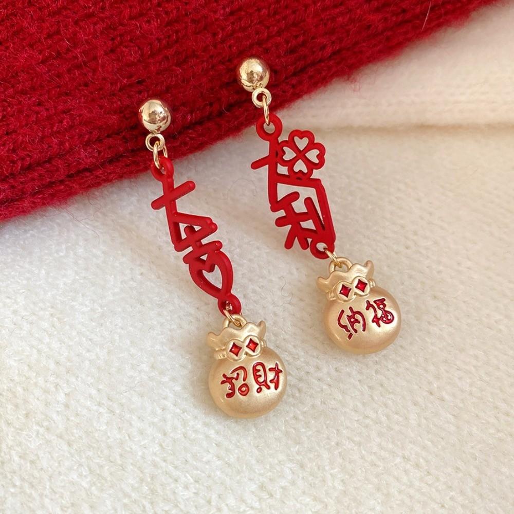 Fashion Jewelry Red Yuanbao Earrings Drip Oil Hollow Out Good Luck Drop Earrings  Party