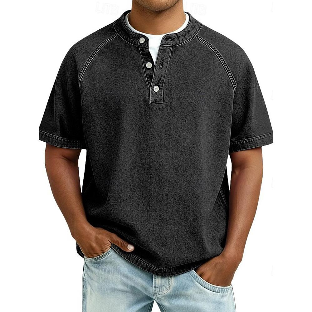 Men's Vintage Washed Henley T-Shirt Casual Solid Color Short Sleeve Tops Breathable Button Placket Tee for St… More