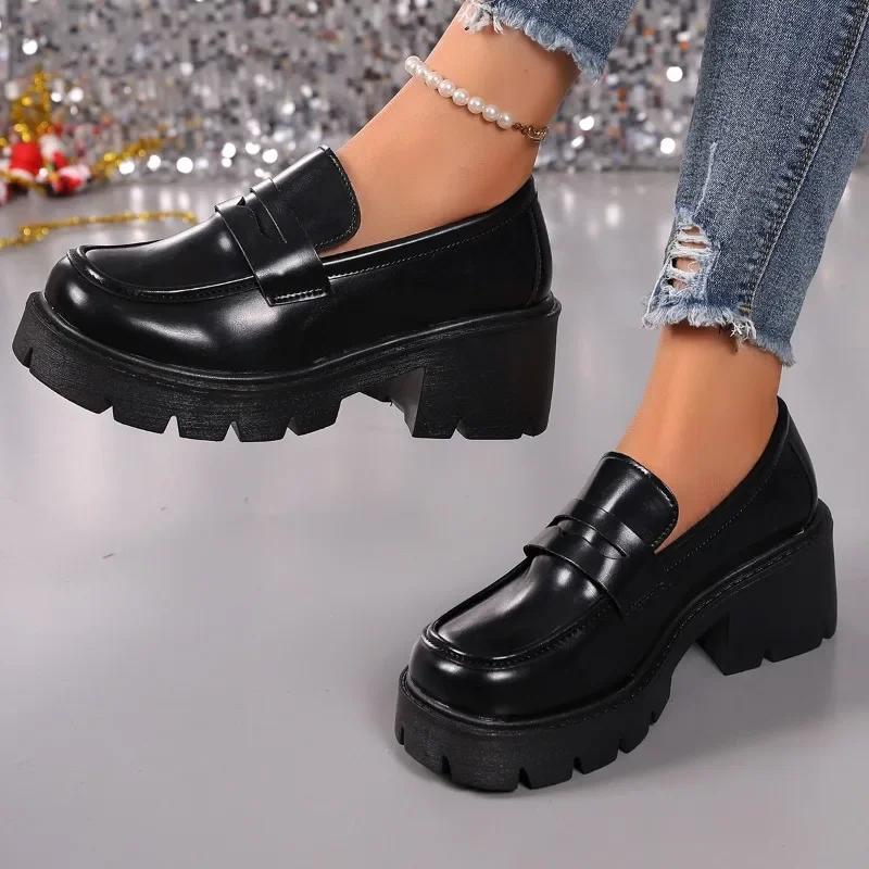 Элегантные женские туфли на каблуке, новые брендовые женские туфли на платформе, туфли-лоферы больших размеров для офиса, туфли на высоком каблуке с круглым носком, туфли-лодочки на среднем каблуке для женщин