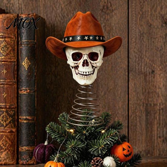 American Wilderness Skull Ornament Gothic Tree Topper with Cowboy Hat, Vintage Western Unique Tabletop Figurine Skeleton for Halloween, Spooky