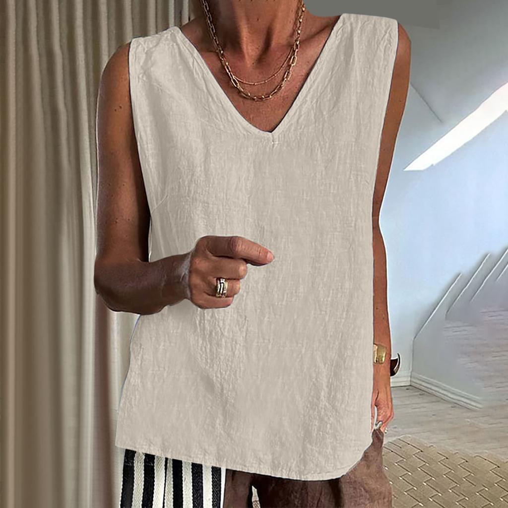 Женская хлопковая льняная майка с высоким воротом, повседневная, с V-образным вырезом, однотонная, без рукавов, летняя базовая хлопковая футболка без рукавов, Ropa De Mujer