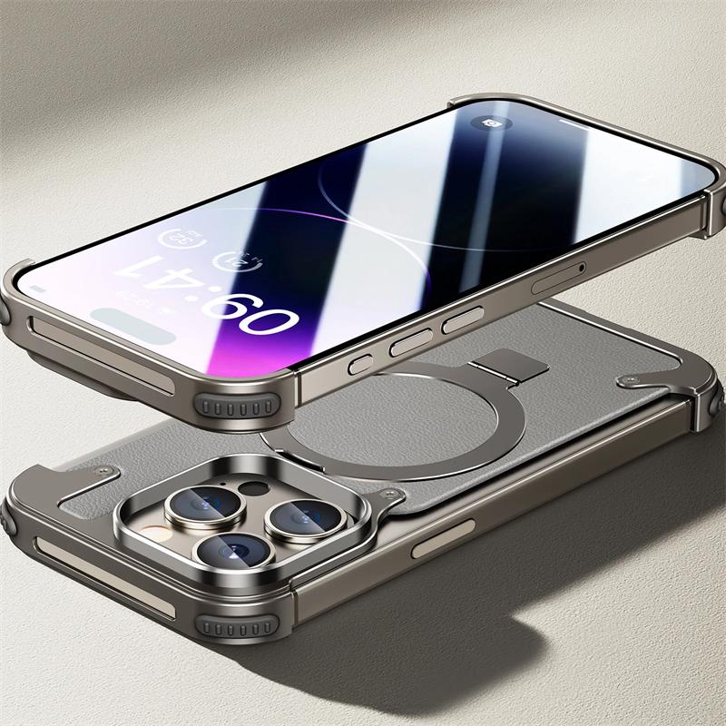 Роскошный металлический угловой чехол без рамки для iPhone 16 15 14 13 Pro Max PC задняя панель Magsafe магнитный держатель кольца кожаный чехол