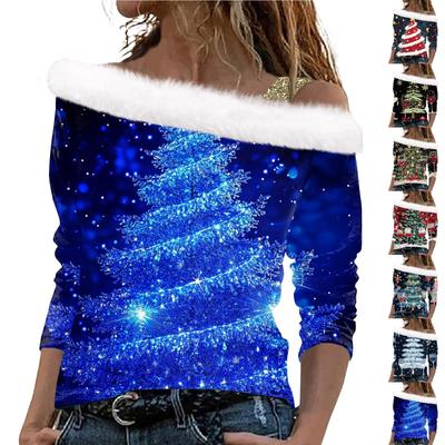 Женский повседневный модный топ с длинными рукавами и открытыми плечами с рождественским принтом из плюша