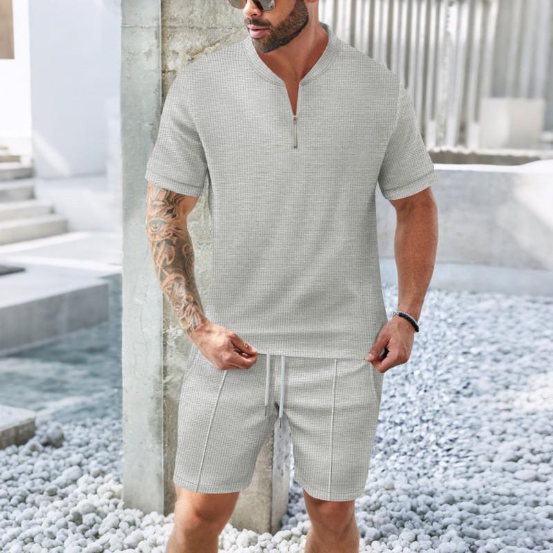 Men's Summer 2026 Waffle Texture Stand Collar Shorts Set