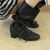New Women'S Chunky Leather Flats & Knee Boots - Square Toe Loose Fit Spring-Autumn Casual Shoes With Pleated Pants Mujer