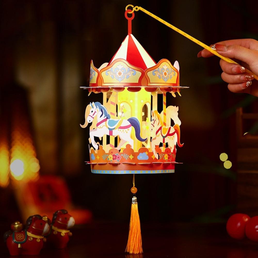 Creative 3D Cartoon Carousel Lantern PVC Waterproof Handheld Lantern Handmade Chinese Style Portable Lanterns New Year