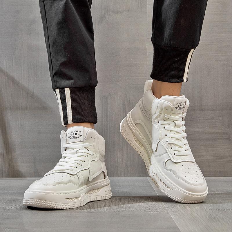 Мужские высокие кроссовки Кожаная мужская обувь Осень и зима Тренд ВВС Повседневные универсальные верхние слои из воловьей кожи Маленькие белые туфли для мужчин