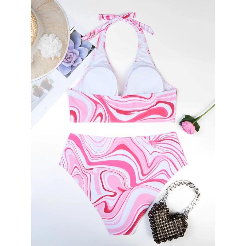2025 Большой размер печати Холтер стринги бикини из двух частей с высокой талией купальник женский купальник женский купальный костюм пляжная одежда плавание