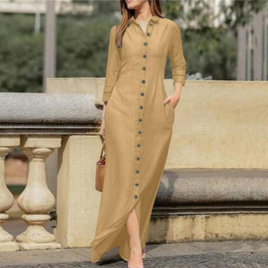 Spring Summer Women Dress Loose Pure Color Single-breasted Side Pockets Lapel V Neck Long Sleeves Split Hem Soft Breathable Casual Ankle Length