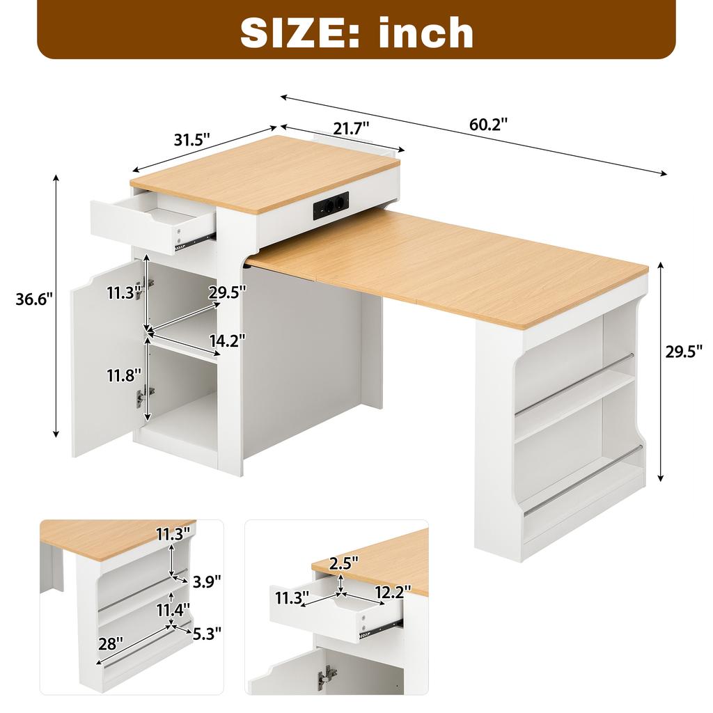 Kitchen Island with Casters, Extendable Dining Table with Power Strips and Two Drawers, Serves as Sideboard or Buffet for Dining Room (White)