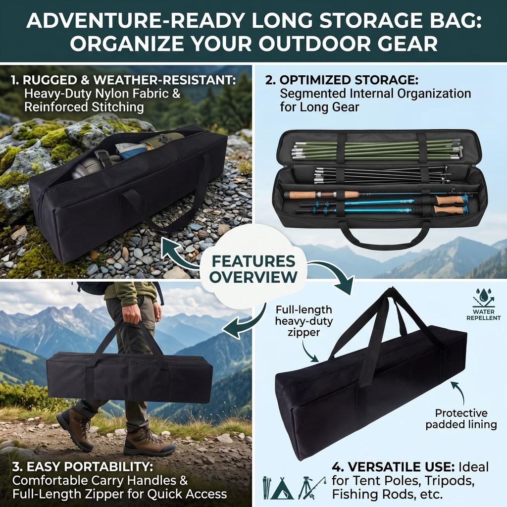 1pcs Multifunctional Camping Equipment Storage Sack, Durable Wear-Resistant Tent Awning Rod Organizer Bag, Large Capacity Outdoor Travel Gear Holder