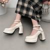 Fashion Women's Platform Chunky Heels High Heels Spring New Fashion Vintage Mary Janes Shoes Classic Double Buckle Wedding Dress Shoes
