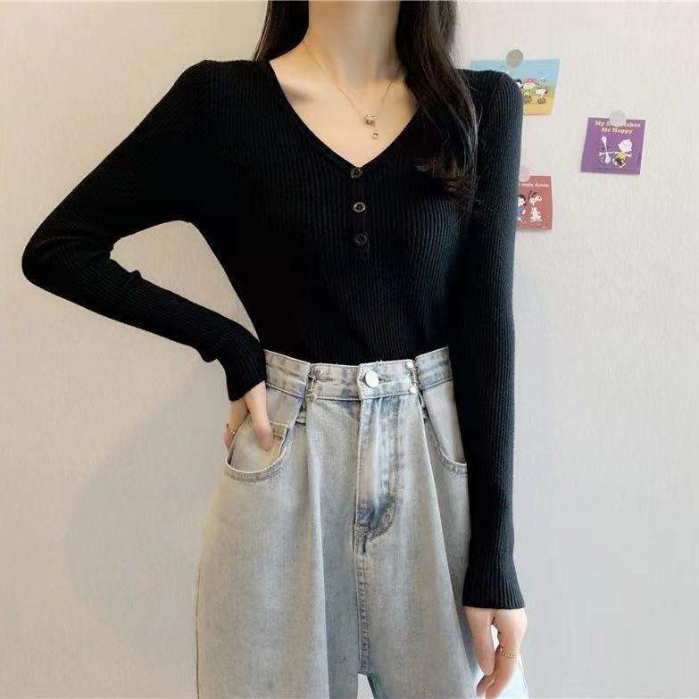 Kuz Qish V-boʻyinli Top Slim Fit Qisqa Bir xil rang Ichki Uzun qisma Asos Trikotaj Sviter Ayollar uchun